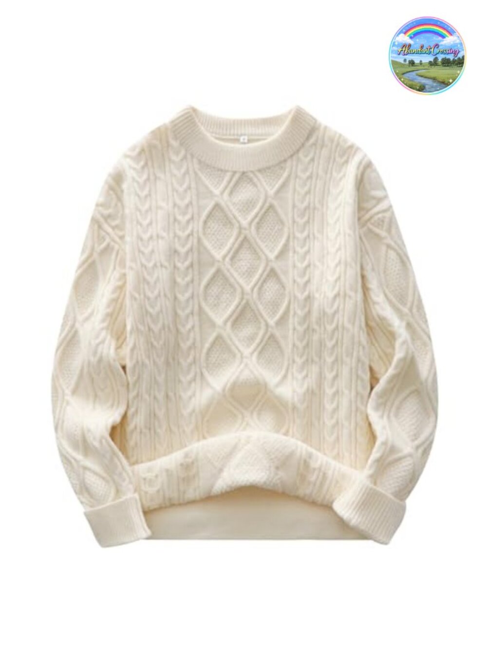 Oversized Cable Knit Crew Neck Pullover Sweater Fuzzy Cotton Blend